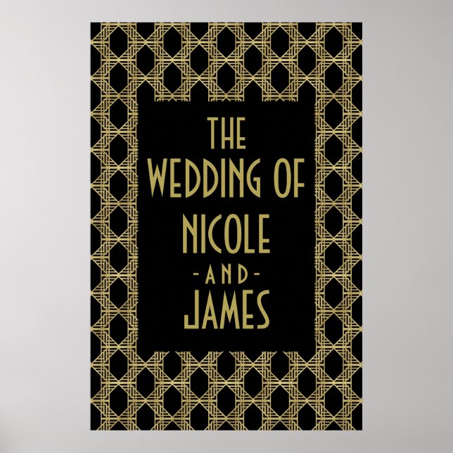 Gold Black Art Deco Diamond Retro Wedding Sign (Front)