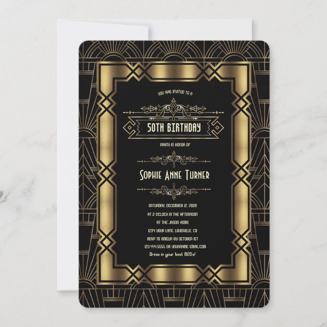 Gold Black Art Deco Gatsby 1920s Birthday Party Invitation (Front)