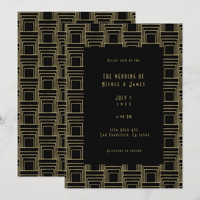Gold Black Art Deco Geometric Sleek Retro Wedding  Invitation (Front/Back)