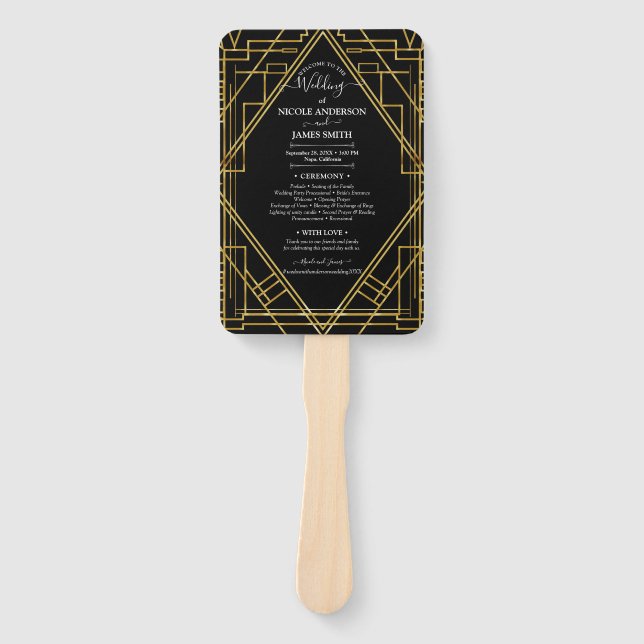 Gold & Black Art Deco Roaring 20's Wedding Program Hand Fan (Front)