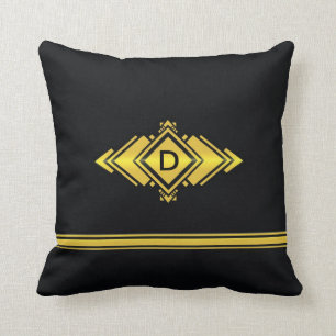 Gold & Black Art Deco Style Monogram Cushion