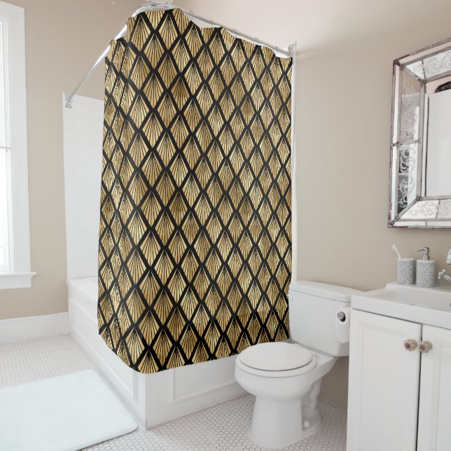gold black art deco tiled pattern Shower Curtain (In Situ)
