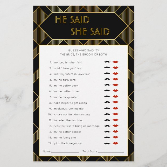 Gold & Black Art Deco Vintage Bridal Shower Game (Front)