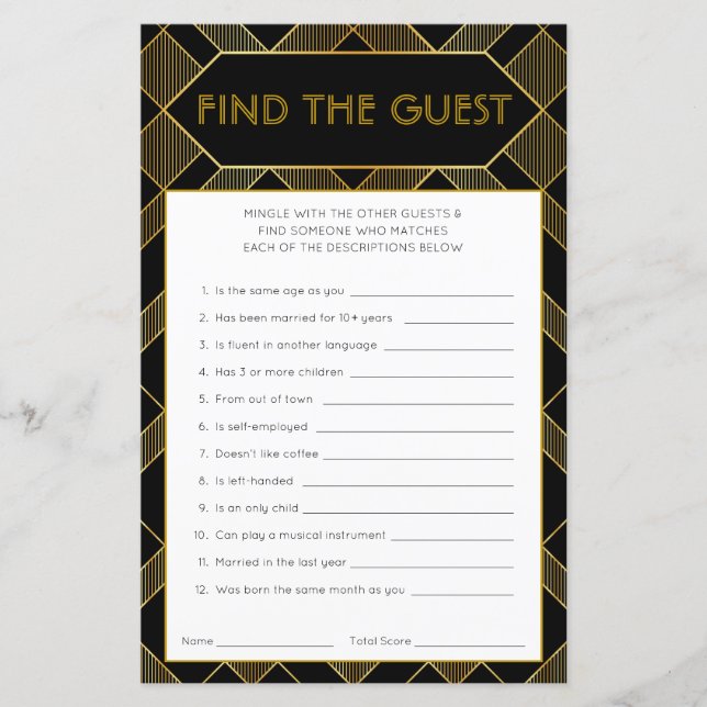 Gold & Black Art Deco Vintage Bridal Shower Game (Front)