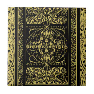 Gold & Black Art Deco Vintage Floral Swirl Tile