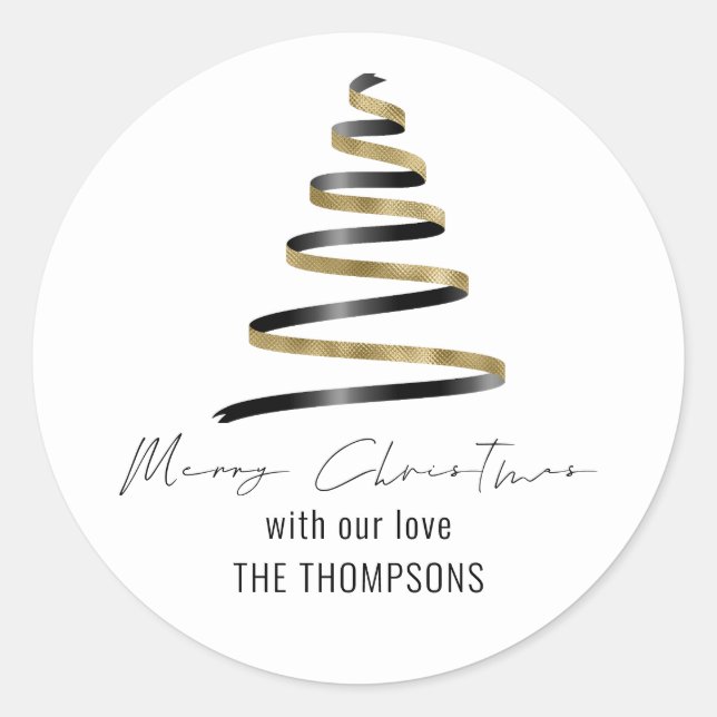 Gold Black Artsy Tree Name Merry Christmas Classic Round Sticker (Front)