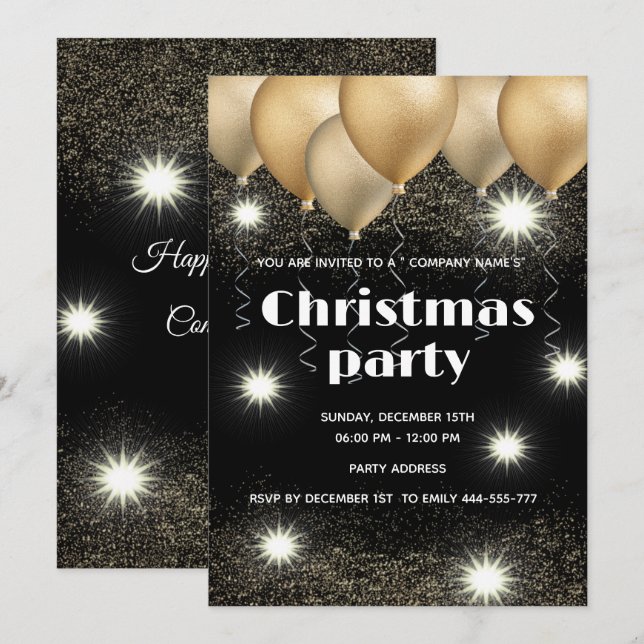 Gold/black balloon corporate Christmas party Invitation (Front/Back)