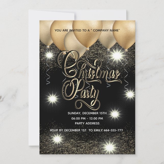 Gold/black balloon corporate Christmas party Invitation (Front)