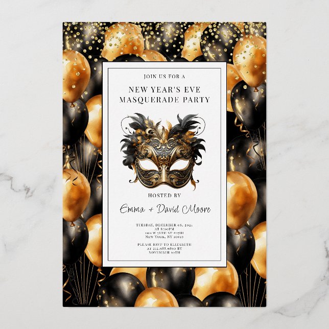 Gold Black Balloon New Year's Eve Masquerade Party (Front)