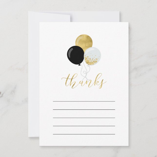 Gold & Black Balloon Party Thank You Note Card (Front)