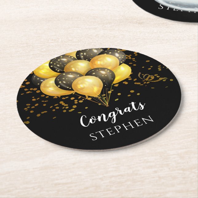 Gold Black Balloon Retirement Partry Sugar Cookies Round Paper Coaster (Angled)