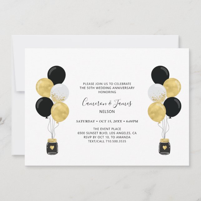 Gold & Black Balloons 50th Wedding Anniversary Invitation (Front)