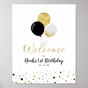 Gold & Black Balloons Boy 1st Birthday Welcome Poster