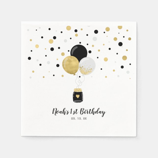 Gold & Black Balloons & Confetti Kids Birthday Napkin (Front)