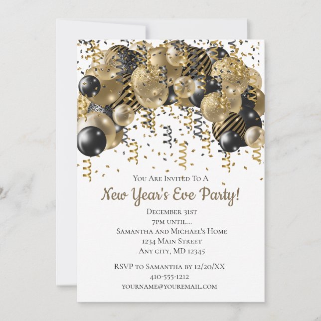 Gold Black Balloons Confetti New Years Eve Party (Front)