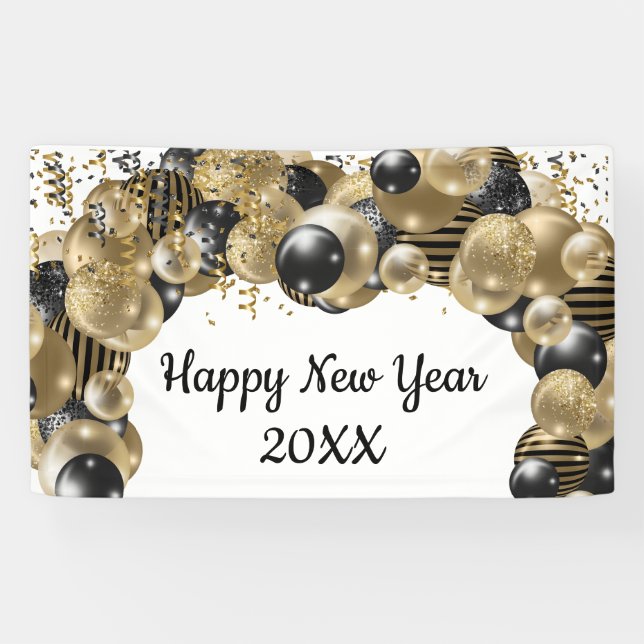 Gold Black Balloons Confetti New Years Eve Party   Banner (Horizontal)