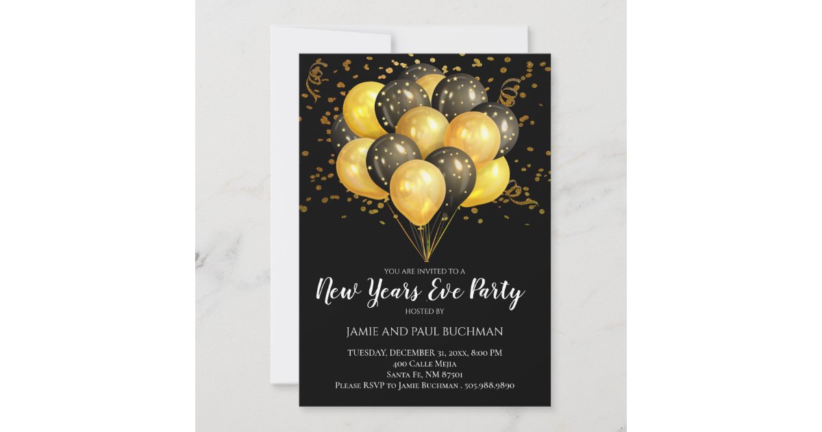 Gold & Black Balloons Confetti New Years Eve Party Invitation | Zazzle