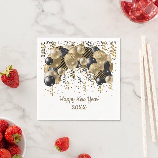 Gold Black Balloons Confetti New Years Eve Party  Napkin (Insitu)