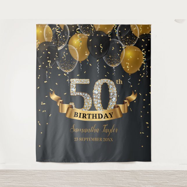 Gold black balloons diamond 50th birthday party tapestry (Front)