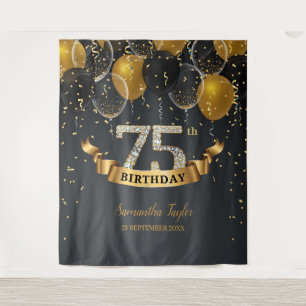 Gold black balloons diamond 75th birthday party tapestry