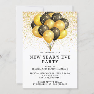 Gold Black Balloons Glitter New Year's Eve Party I Invitation