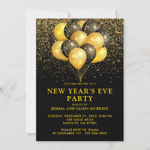 Gold Black Balloons Glitter New Year's Eve Party Invitation
