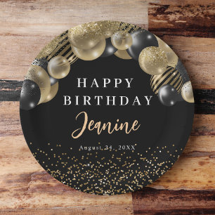 Gold Black Balloons Happy Birthday Party Paper Plate