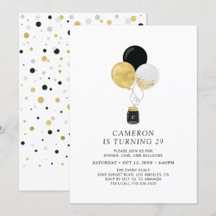 Gold & Black Balloons Modern Adult Birthday Party Invitation
