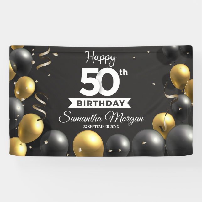 Gold black balloons modern any age birthday banner (Horizontal)