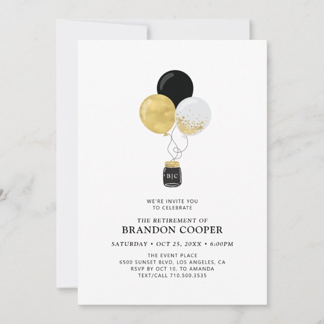 Gold & Black Balloons Modern Retirement Party Invitation (Front)