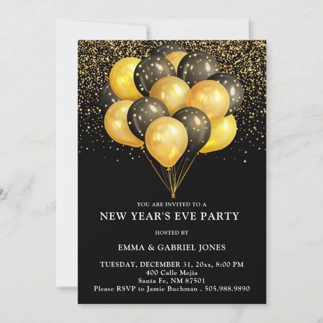 Gold & Black Balloons New Years Eve Party  Invitation (Front)