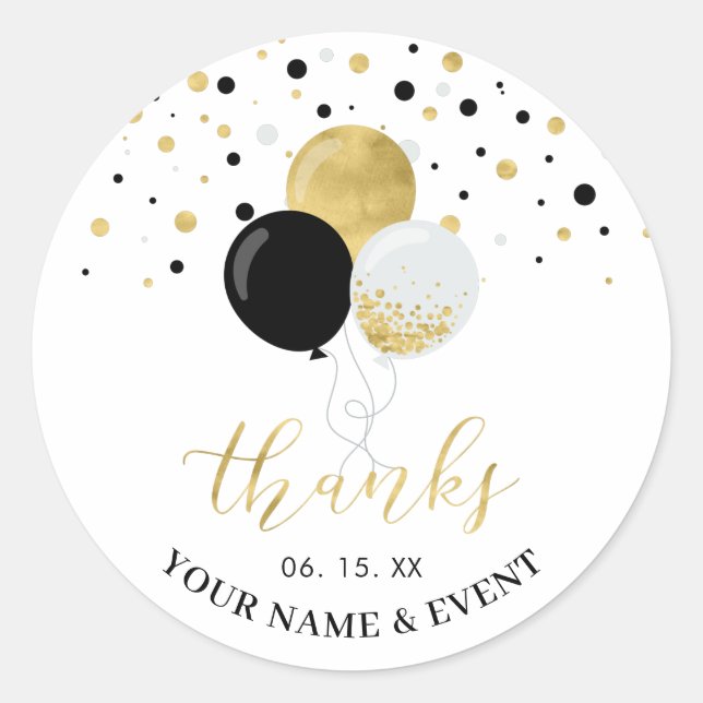 Gold & Black Balloons | Party Favour Thank you Classic Round Sticker (Front)