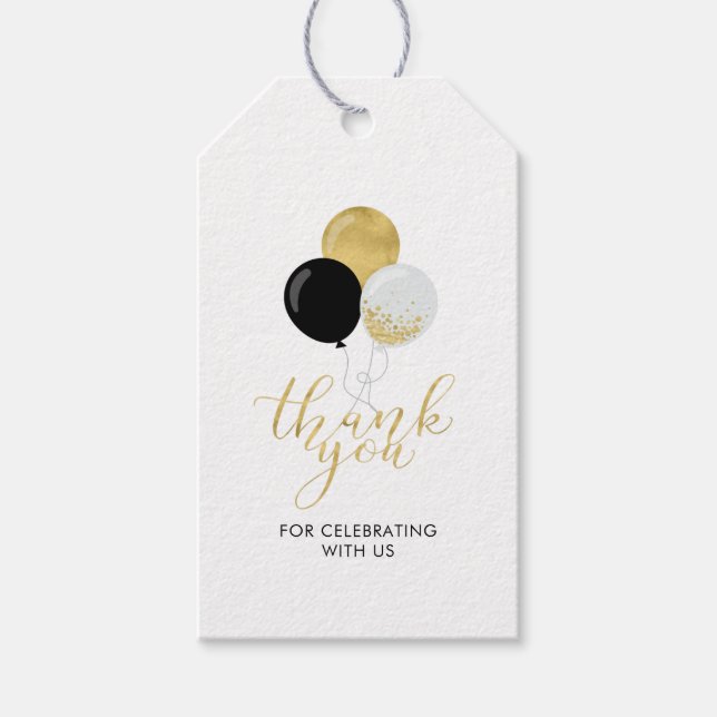 Gold & Black Balloons | Party Thank you Favour Tag (Front)