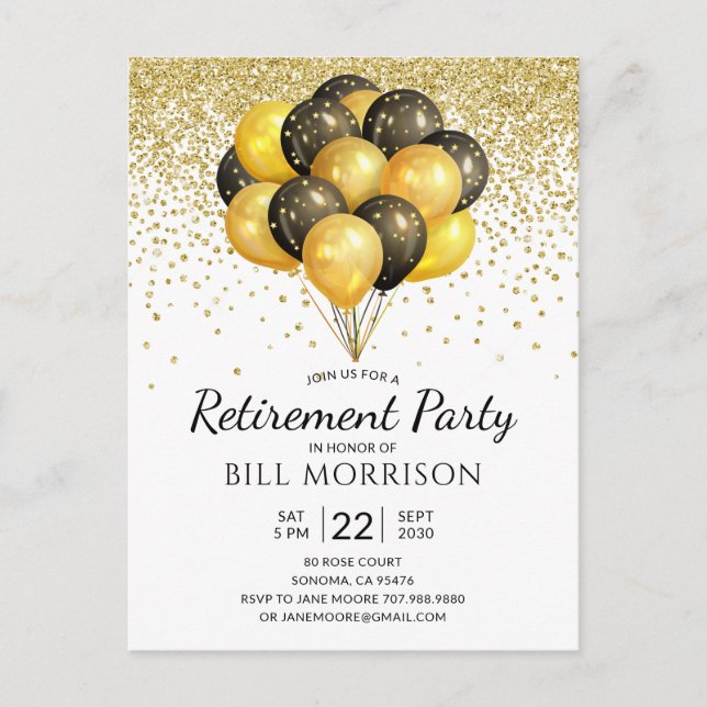 Gold Black Balloons Retirement Invitation Postcard (Front)