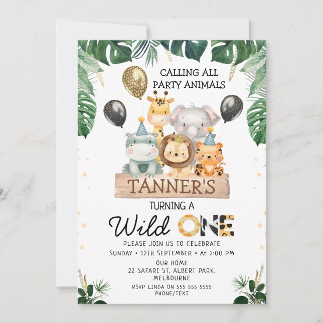 Gold Black Balloons Safari Wild One Birthday Invitation (Front)