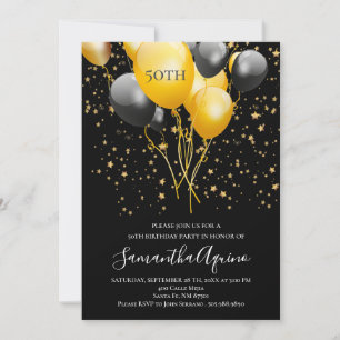 Gold & Black Balloons Star Confetti 50th Birthday Invitation