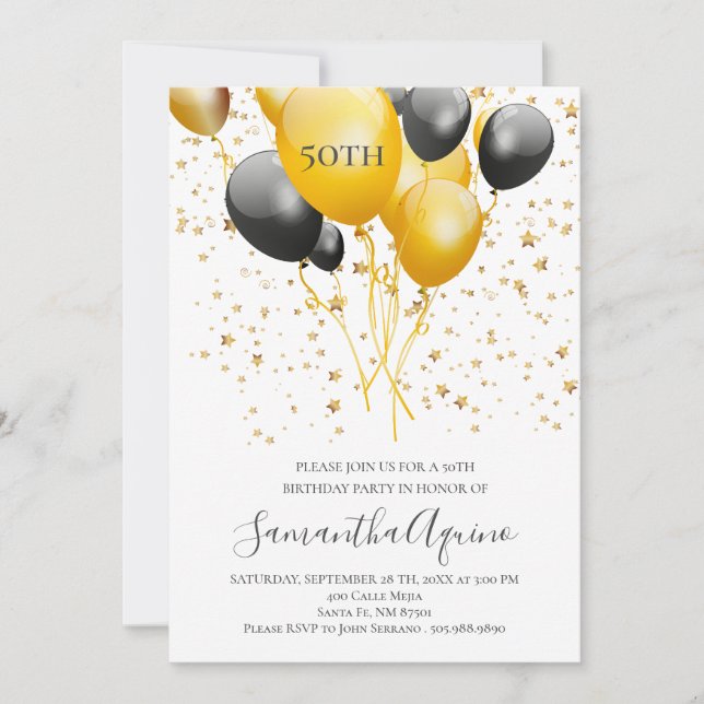 Gold & Black Balloons Stars White 50th Birthday Invitation (Front)