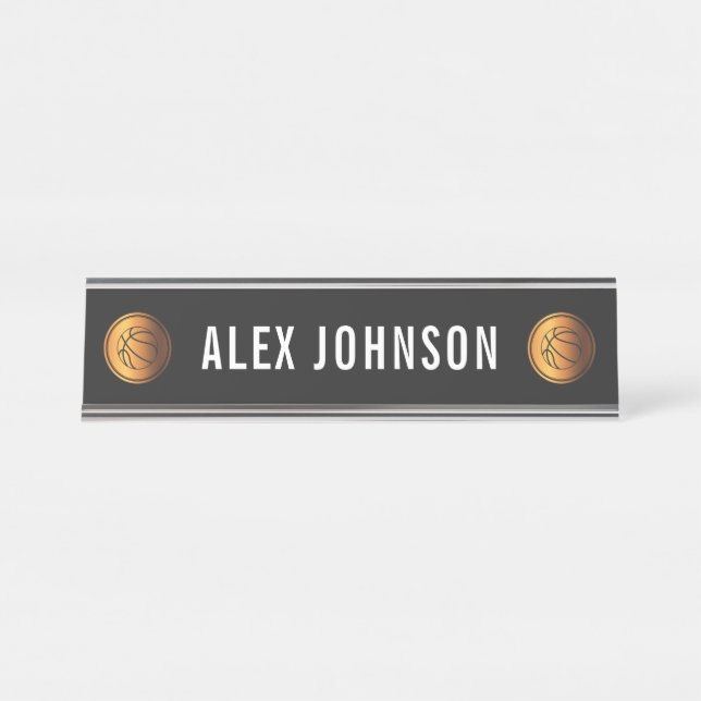 Gold & Black Basketball Ball Icon Coach Custom Fun Desk Name Plate (Front)