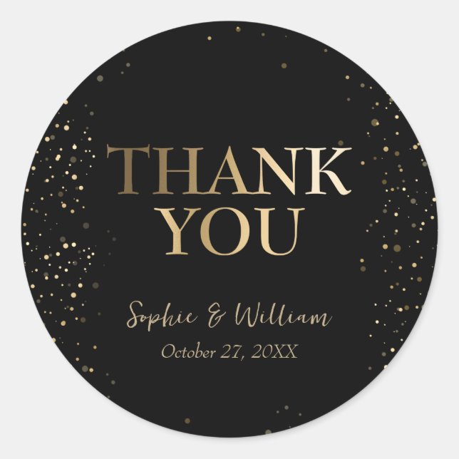 Gold & Black Beautiful Elegant Wedding Thank You  Classic Round Sticker (Front)
