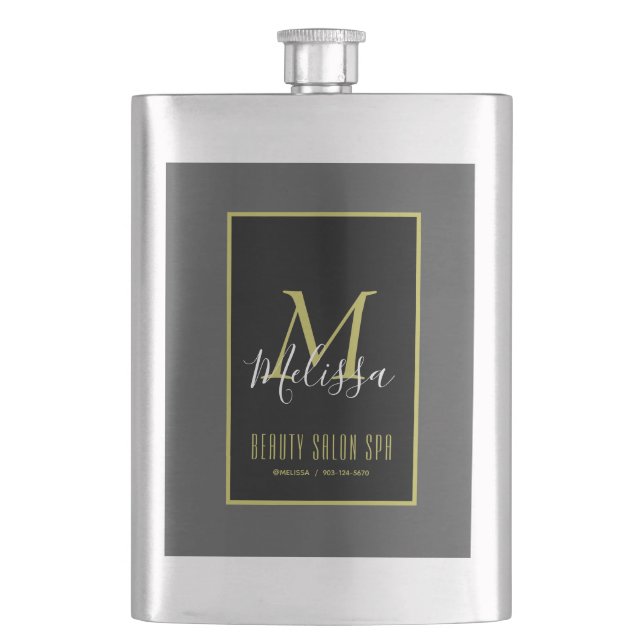 Gold Black Beauty Salon SPA by Melissa Monogram Hip Flask (Front)