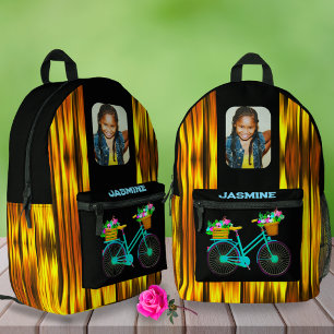 Gold Black Bike Floral Custom Name Photo School Printed Backpack