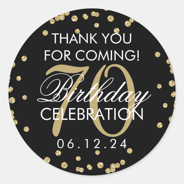 Gold Black Birthday Thank You Glitter Confetti Classic Round Sticker (Front)