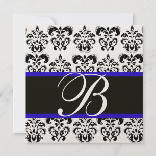 GOLD & BLACK BLUE DAMASK MONOGRAM , white Invitation