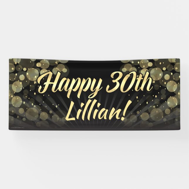 Gold/Black Bokeh 30th Birthday Party Decoration Banner (Horizontal)