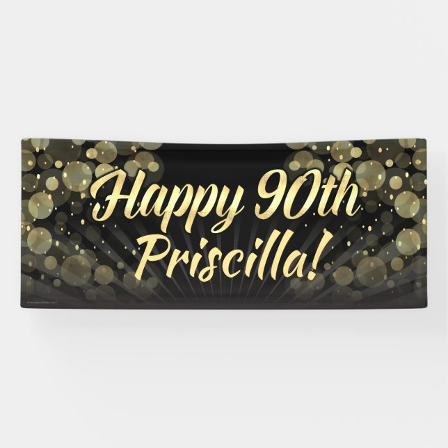Gold/Black Bokeh 90th Birthday Party Decoration Banner (Horizontal)