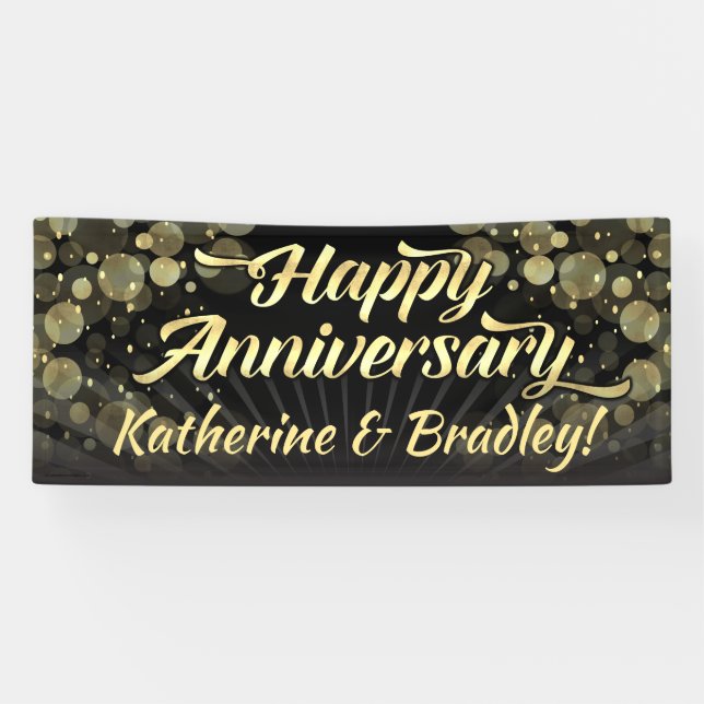 Gold/Black Bokeh Happy Anniversary Party Banner (Horizontal)