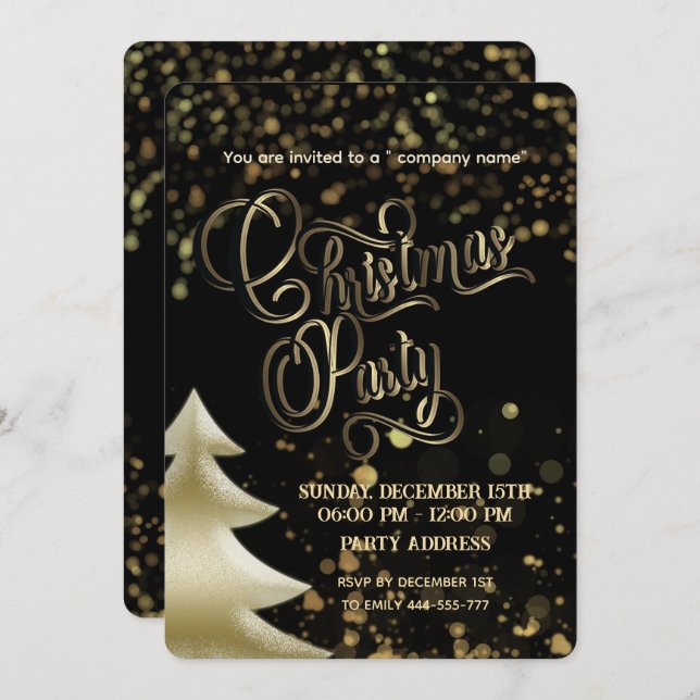 Gold/black bokeh luxury corporate Christmas party Invitation (Front/Back)