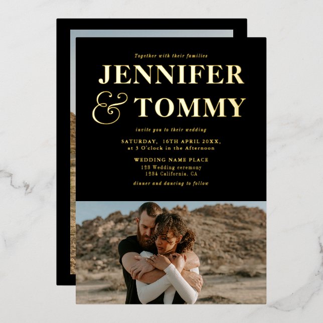 Gold black bold names chic 2 photos wedding (Front/Back)