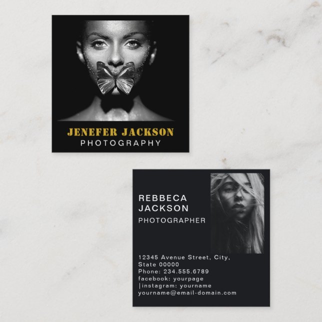 Gold Black Bold Script 2 Photo Minimal QR Code  Square Business Card (Front/Back)