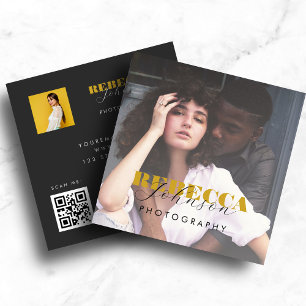 Gold Black Bold Script 2 Photo Minimal QR Code Square Business Card